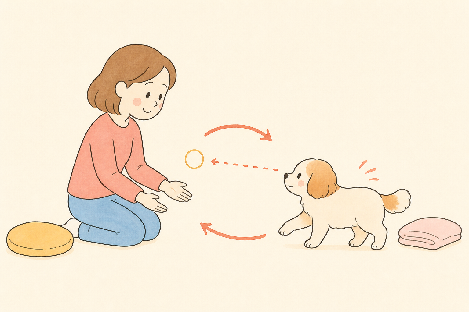 飼い主が少し待ち、犬が自分から近づく様子を示した手描きの説明イラスト