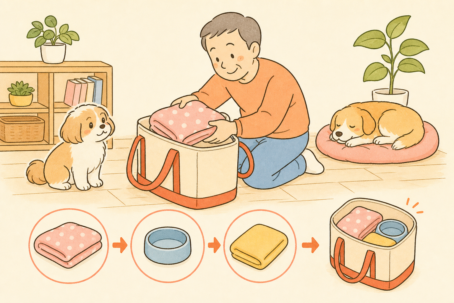 帰省用の袋に毛布、器、タオルをまとめる飼い主とそばで見守る犬