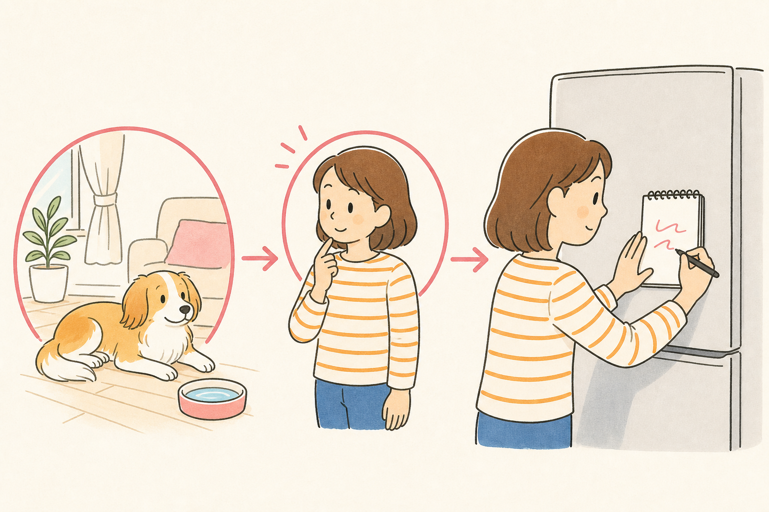 犬の様子を見た飼い主が冷蔵庫そばのメモ帳に記録する手描き図