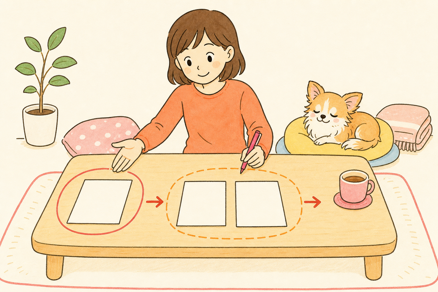 飼い主が三日分のメモを並べ、小型犬がそばで休んでいる実践イラスト