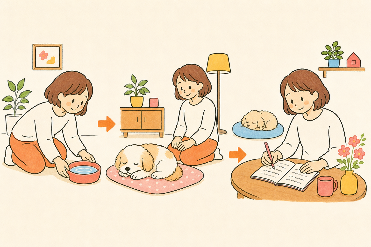 帰宅後に犬を休ませ、水を置き、飼い主が様子を見ながらメモを取る手描きの説明イラスト