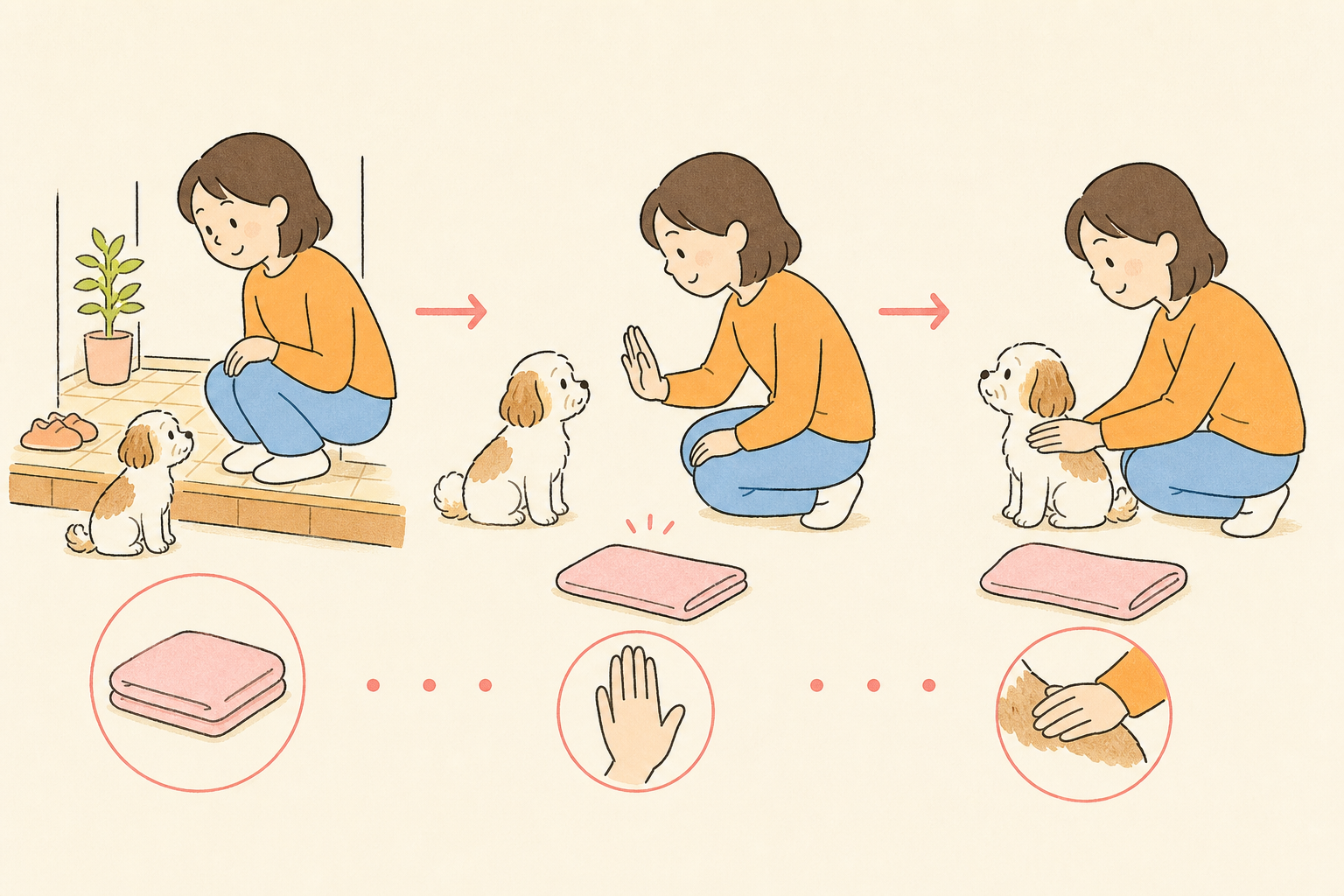 タオルを置き、犬の目線に合わせてから肩へそっと触れる飼い主の手順図