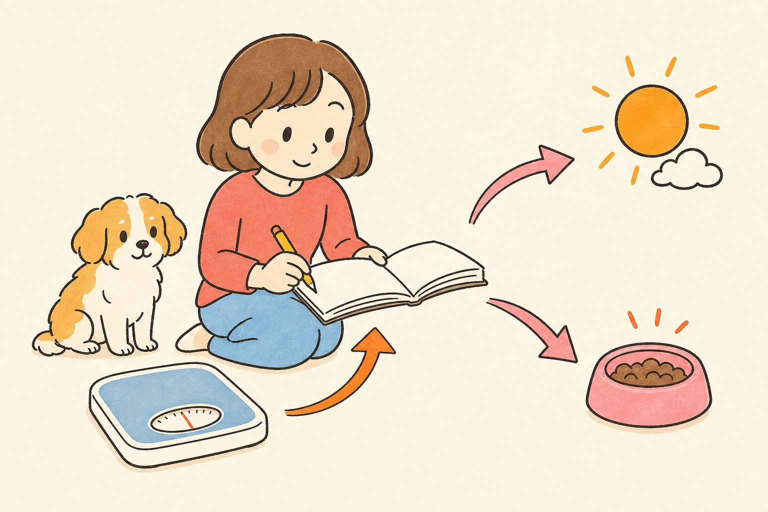 体重計のそばでノートに記録する飼い主と静かに待つ小型犬の手描き説明イラスト