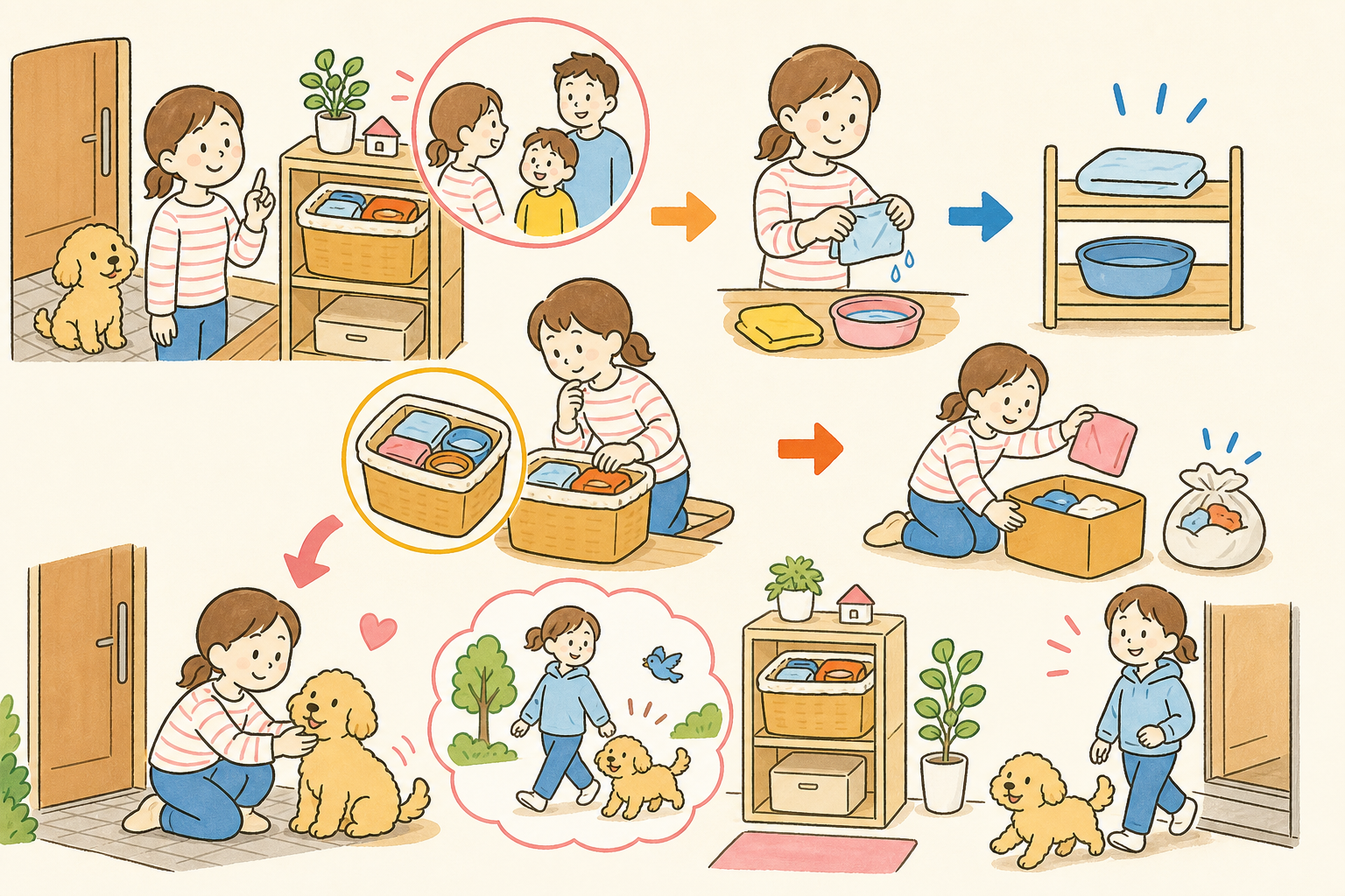 玄関で探し物をしないために。散歩用品を一か所にまとめる習慣の実践用の手描きイラスト