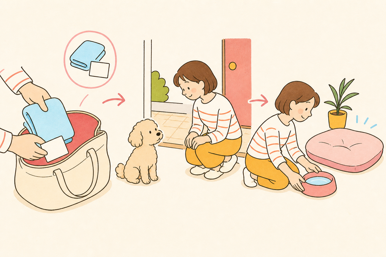 外出前の持ち物準備と、帰宅後に水と休む場所を用意する流れのイラスト