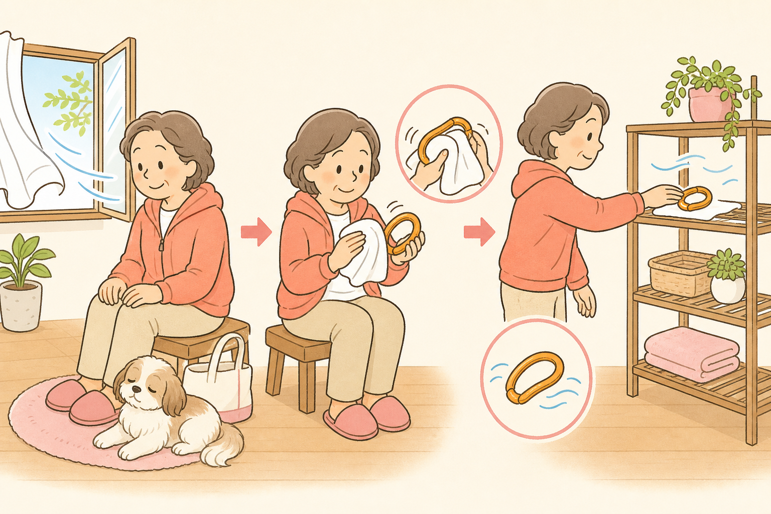 散歩後に布で拭いた用品を、風通しのよい棚に置く飼い主と犬の手描き説明イラスト