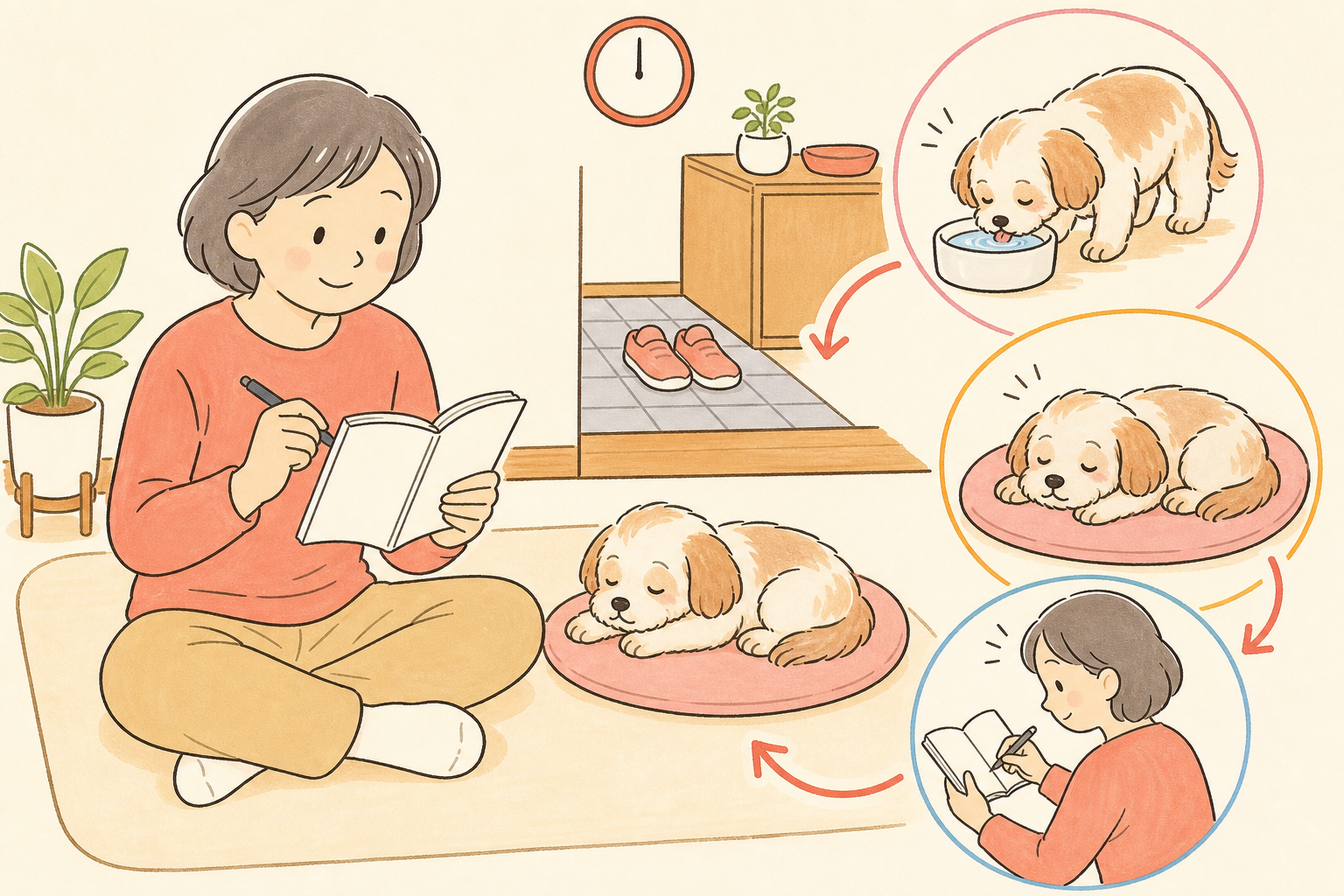 散歩後に休む小型犬を見ながら、飼い主が手帳へ記録している手描きの説明イラスト