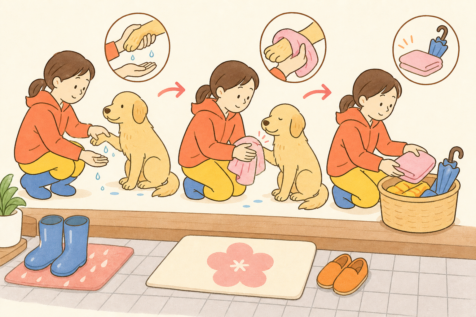 玄関で犬の足を見てタオルで拭き、散歩用品をかごへ戻す流れのイラスト