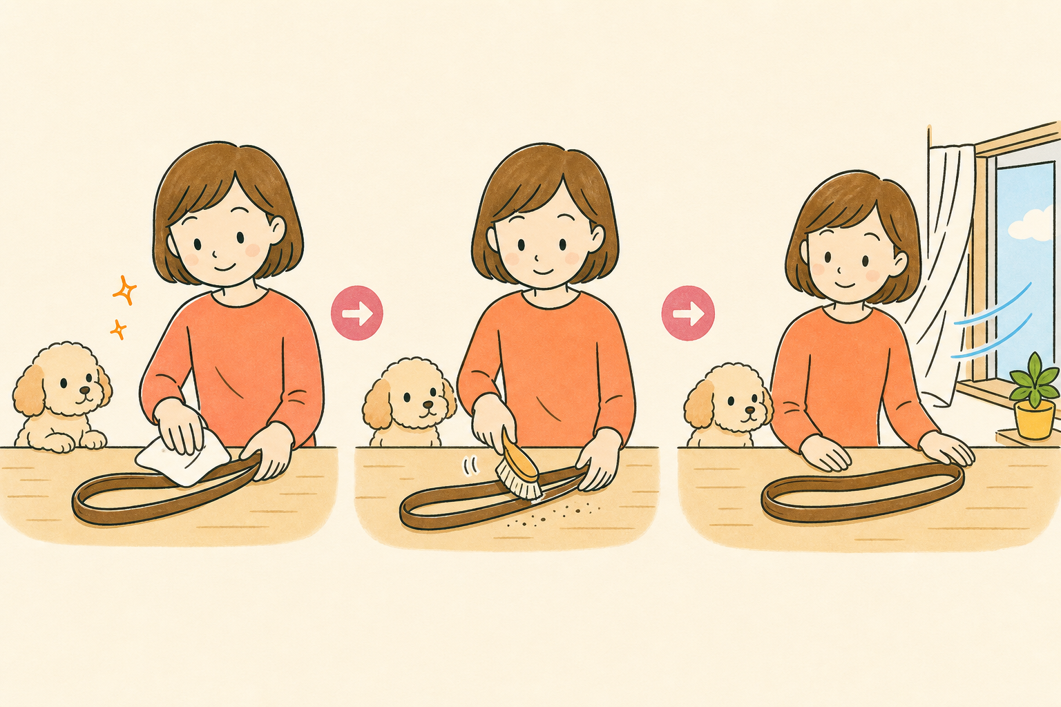 散歩後に乾いた布で拭き、やわらかいブラシで汚れを払って風通しのよい場所に置く手順の手描きイラスト