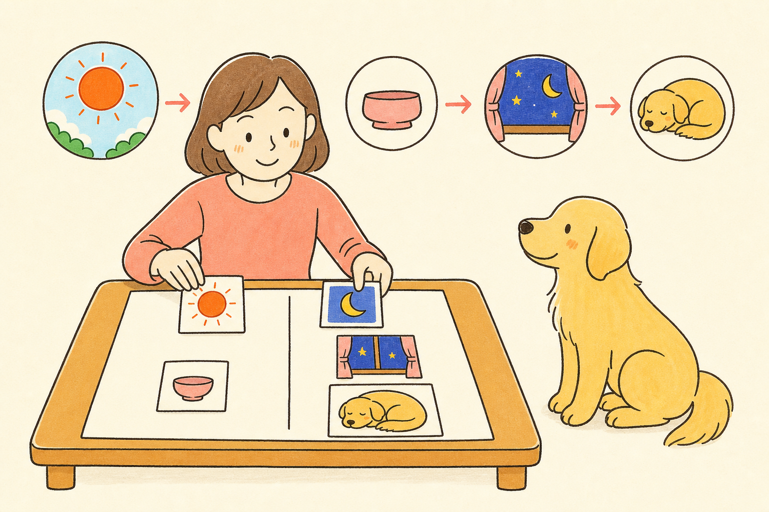 紙を二つに分けて愛犬との暮らしの変化と習慣を整理する飼い主の手描きイラスト