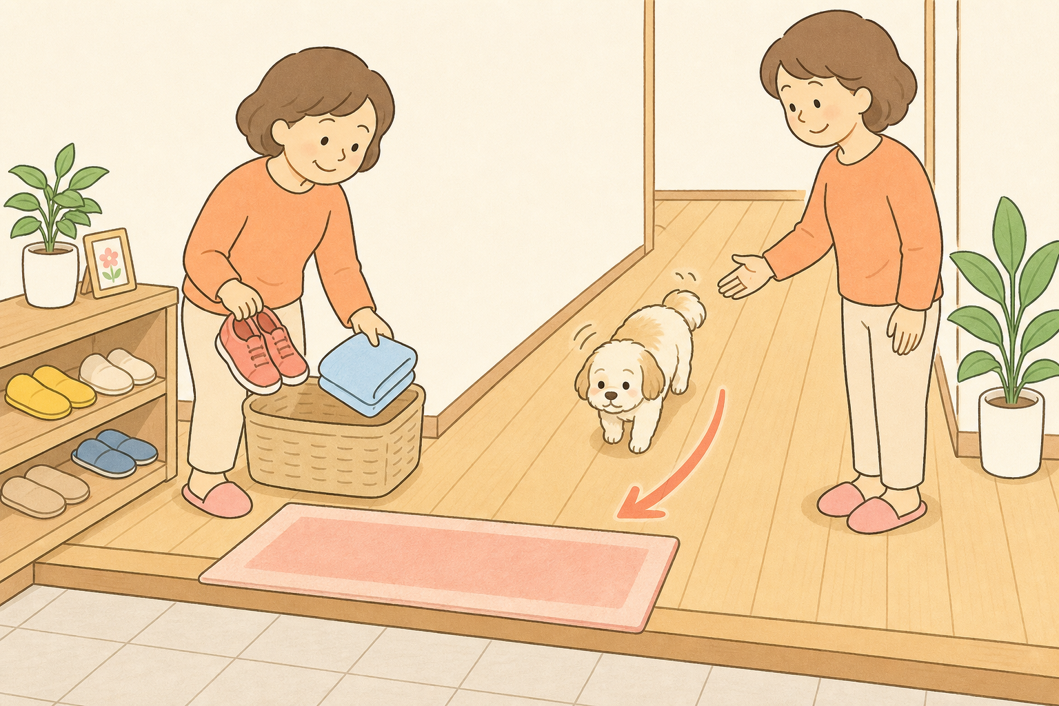 玄関の足元を整え、飼い主が横によけて犬の歩く場所を空けているイラスト