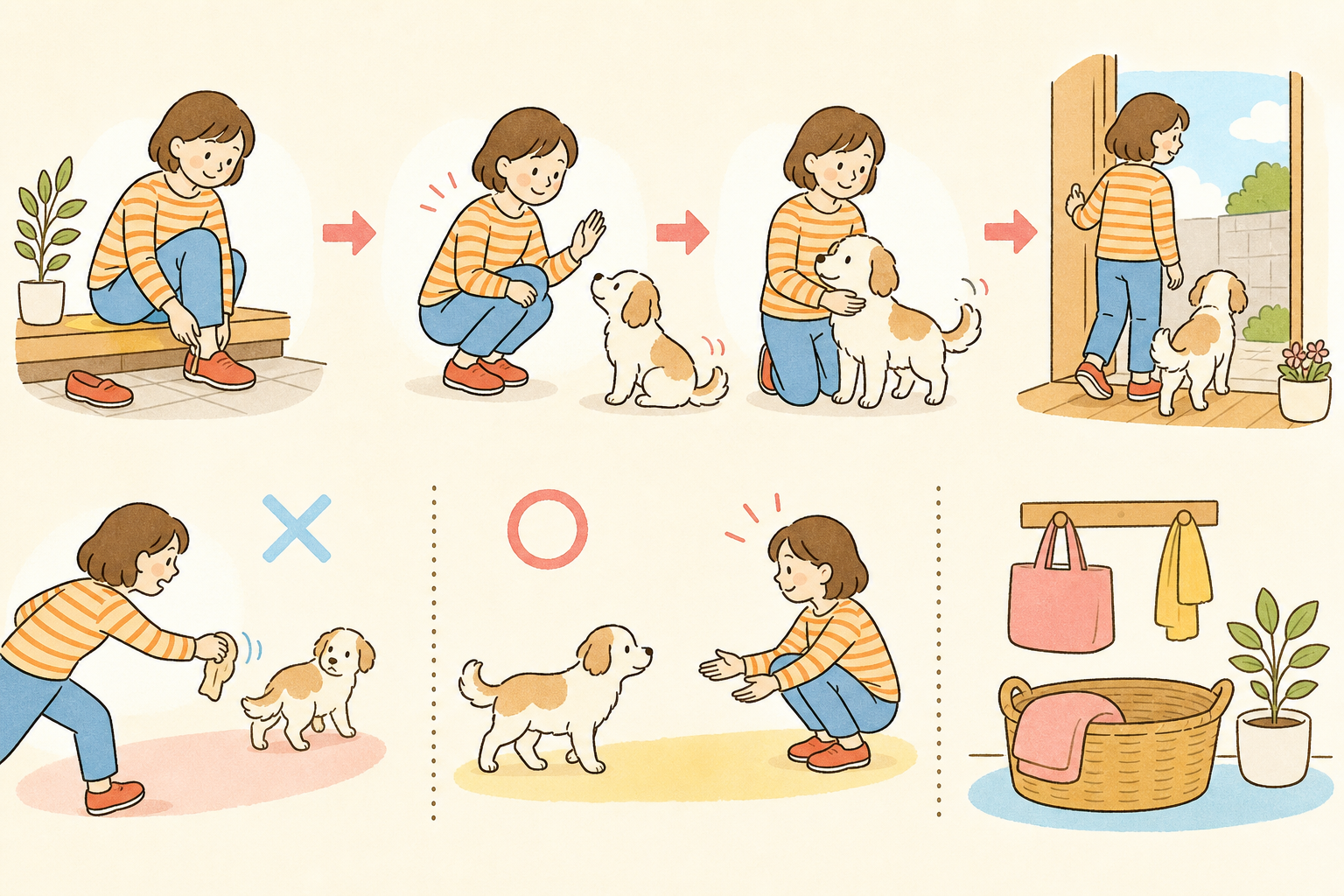 玄関で立ち止まるようになった犬と、散歩前の時間をゆっくり整えるの実践用の手描きイラスト