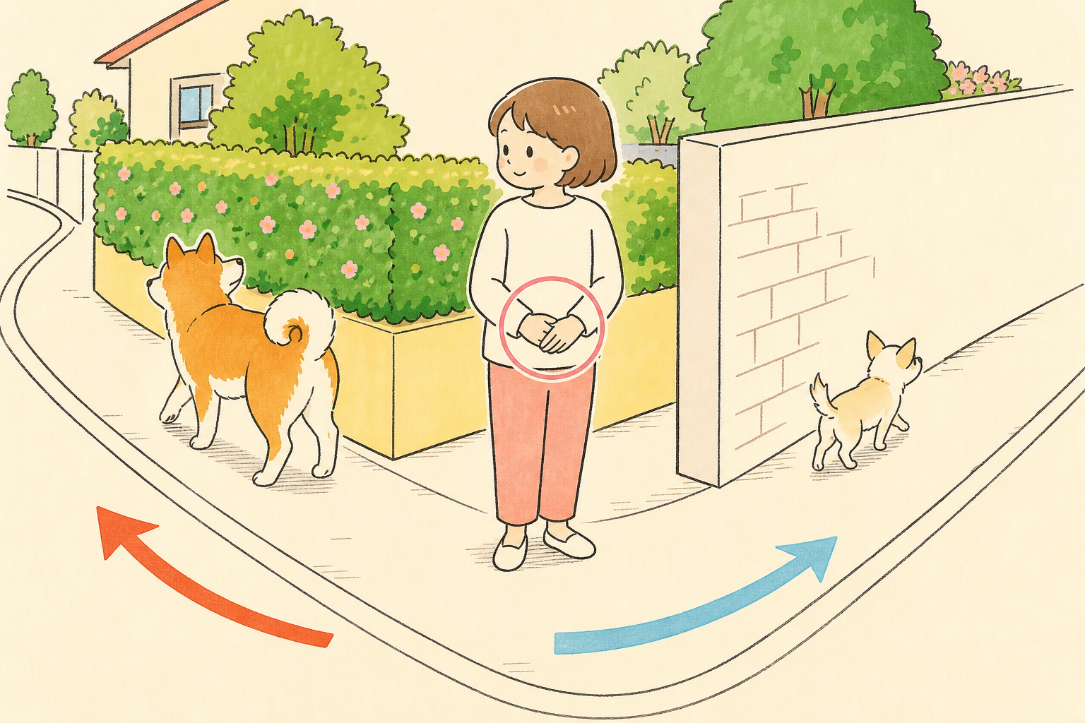 歩調の違う二頭を見ながら、落ち着いて進む道を選ぶ飼い主さんの説明イラスト