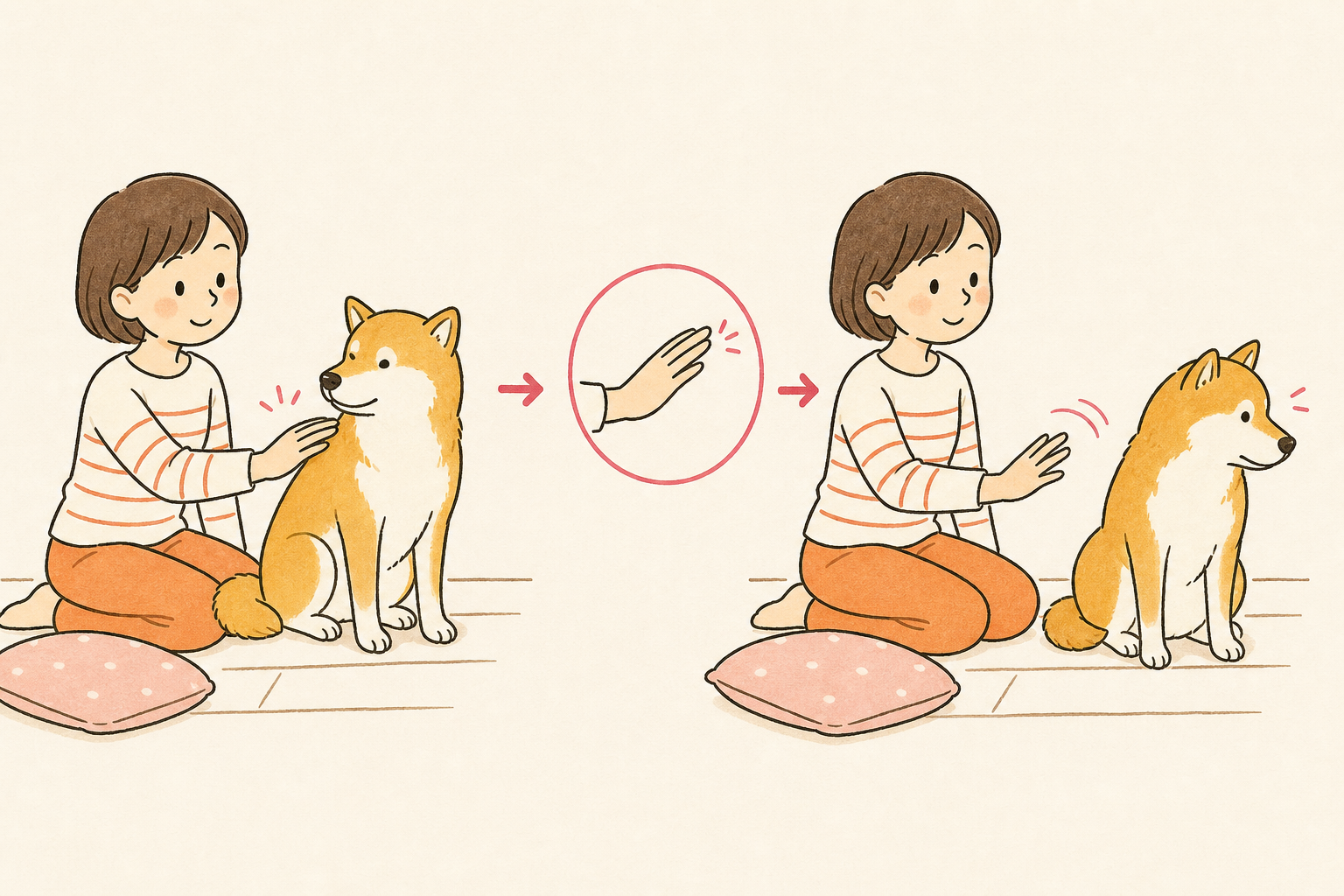 犬の肩に軽く手を置き、顔をそらした合図で手を離す飼い主のイラスト