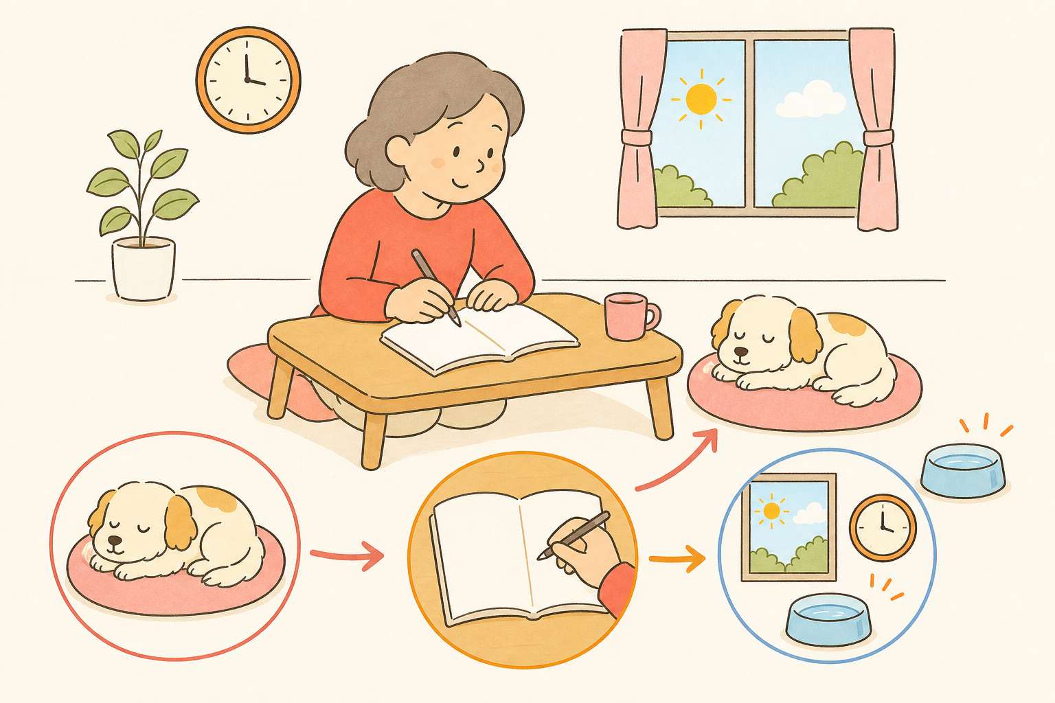 犬が寝床で休むそばで、飼い主がノートに一日の様子を書き留めている手描きの説明イラスト