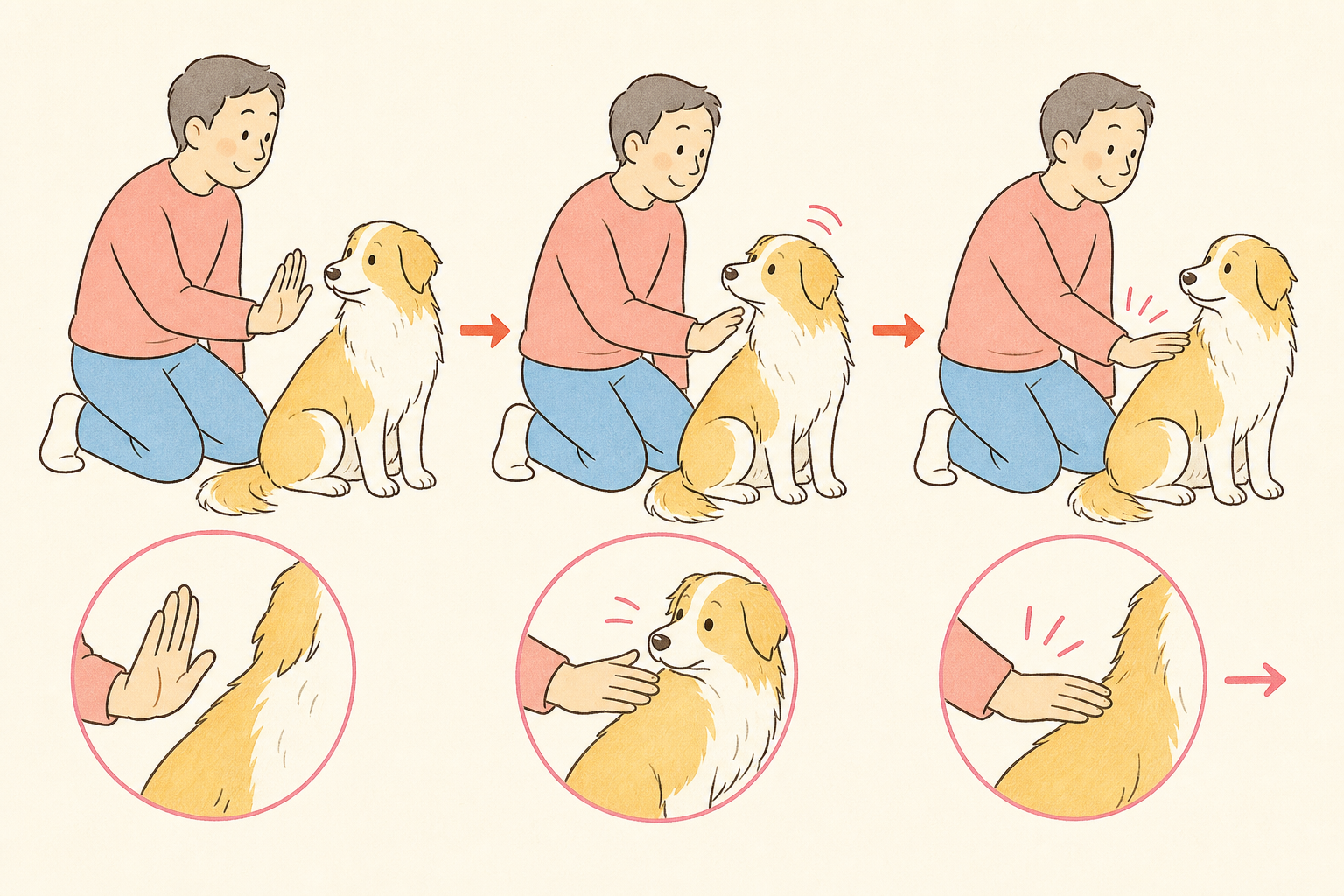 犬の肩の近くで手を止め、表情を見てから背中に短く触れる飼い主さん
