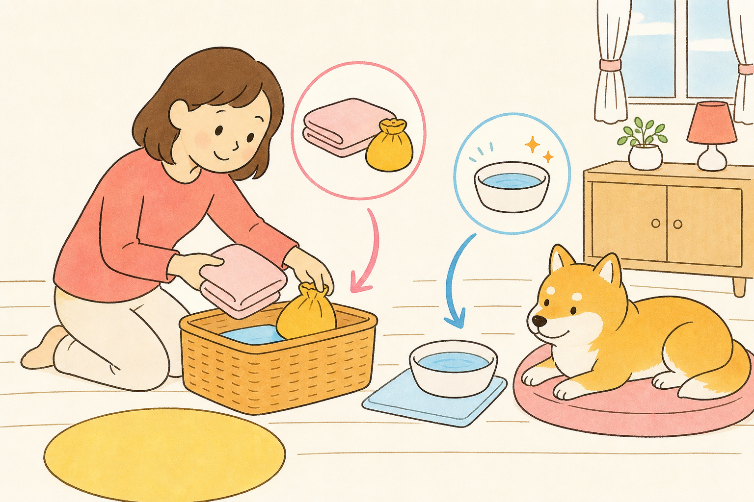 収納かごに外出の準備をまとめ、水と寝床を整える飼い主と犬のイラスト