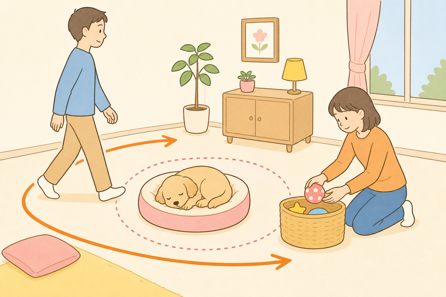 眠る子犬から距離を取り、おもちゃを片づけながら静かに動く家族のイラスト