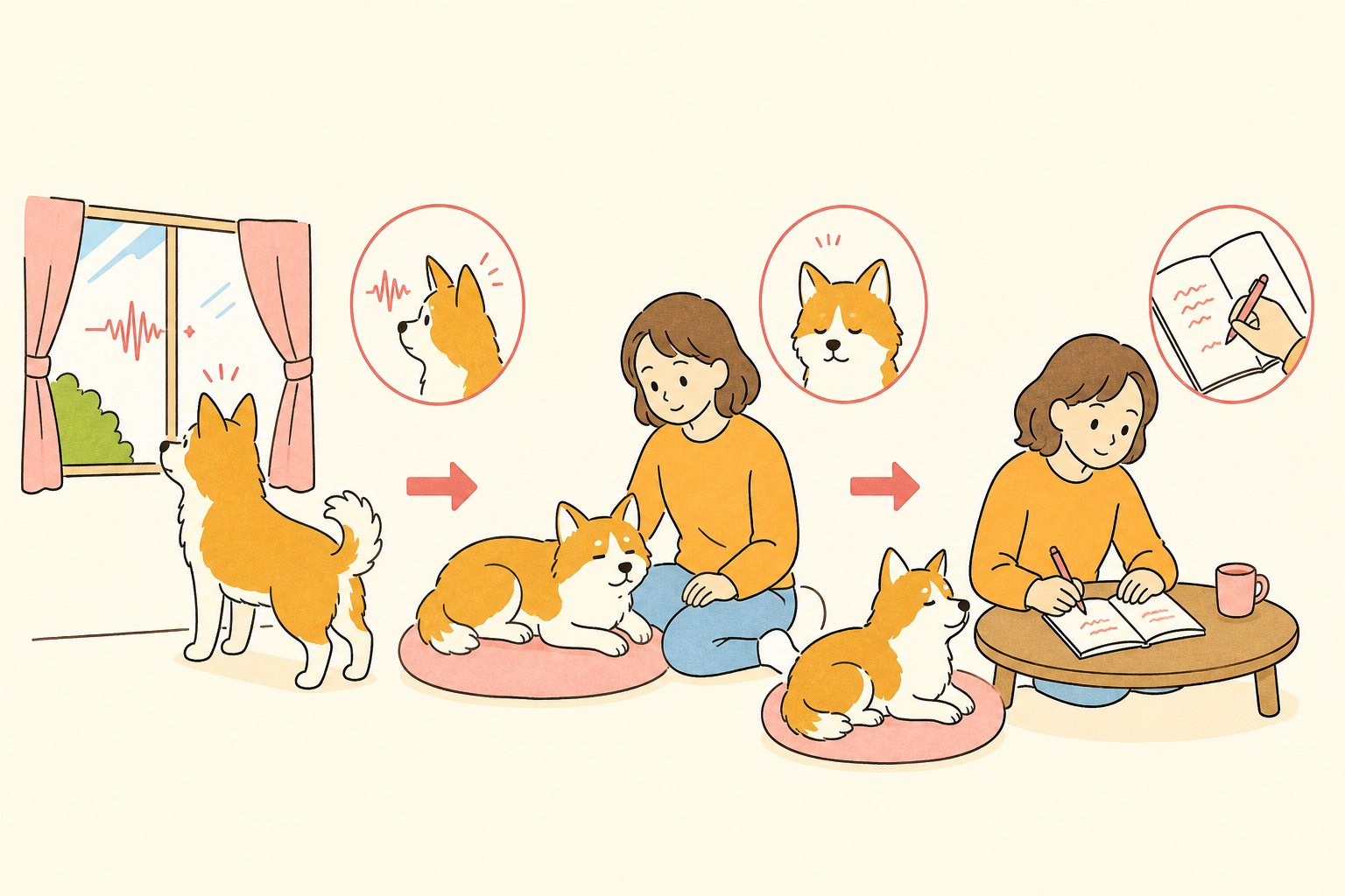 物音に耳を向ける犬を見守り、飼い主さんがノートへ記録する流れのイラスト