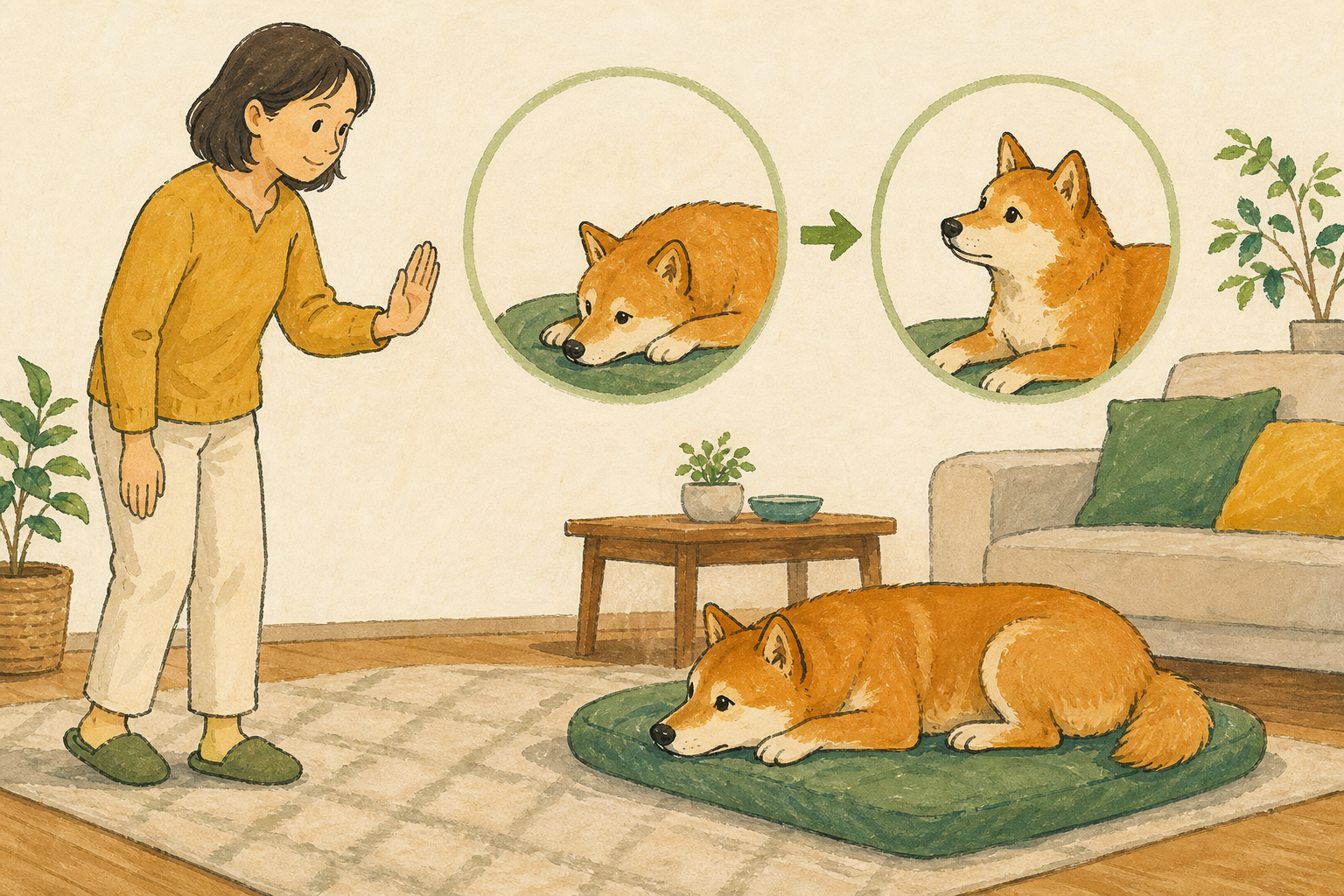 休んでいる犬から離れて一度だけ声をかけ、反応を待つ飼い主