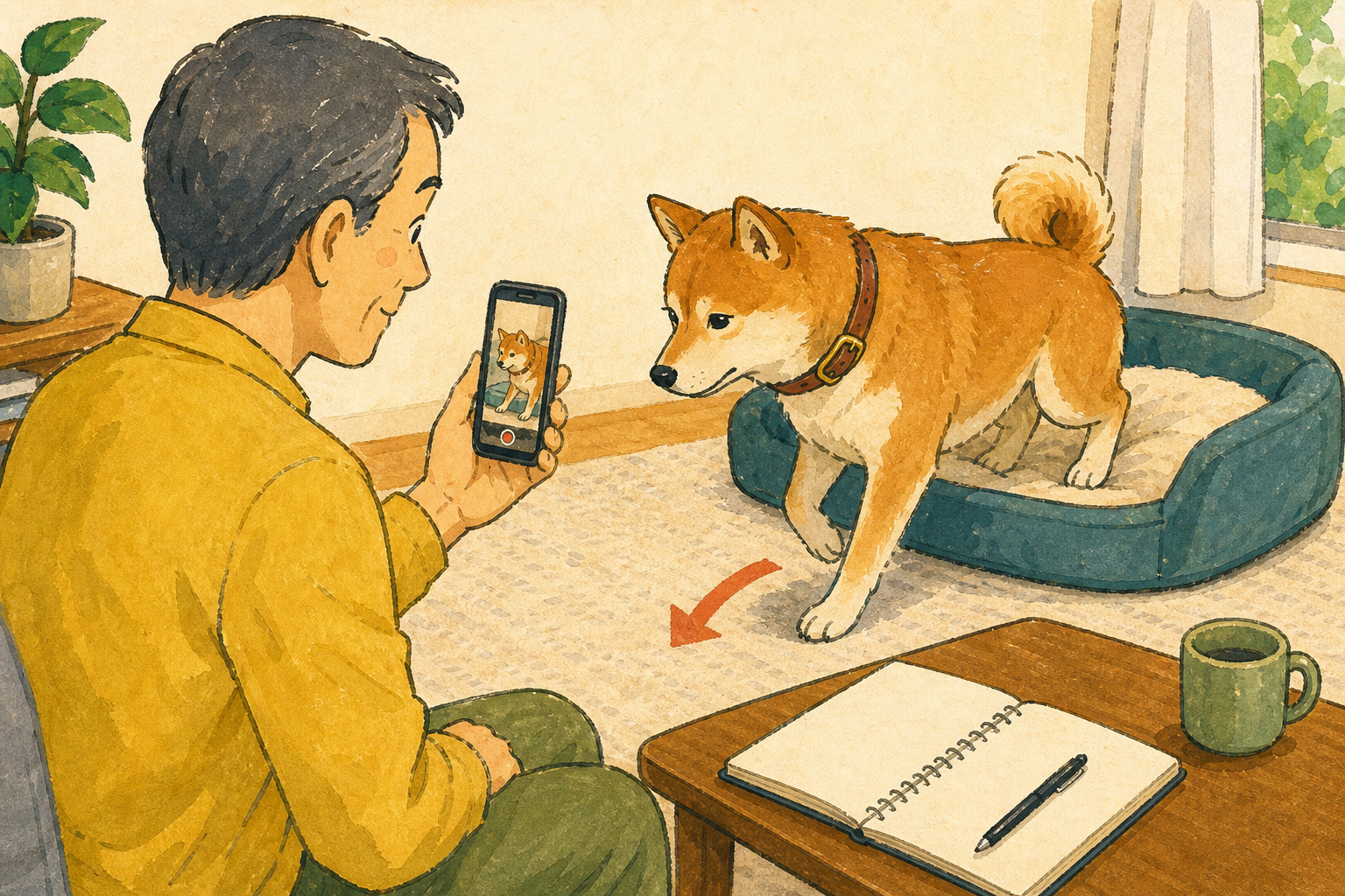 首輪を着けた犬の立ち上がる様子を飼い主がスマートフォンで記録し、ノートをそばに置く様子