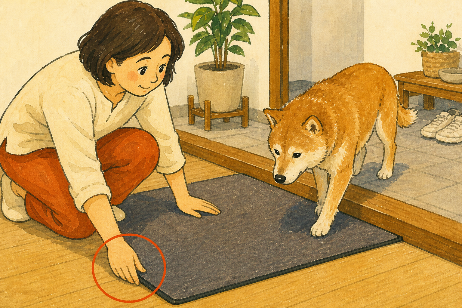 マットの端がずれないか手で確かめる飼い主とそばを歩くシニア犬