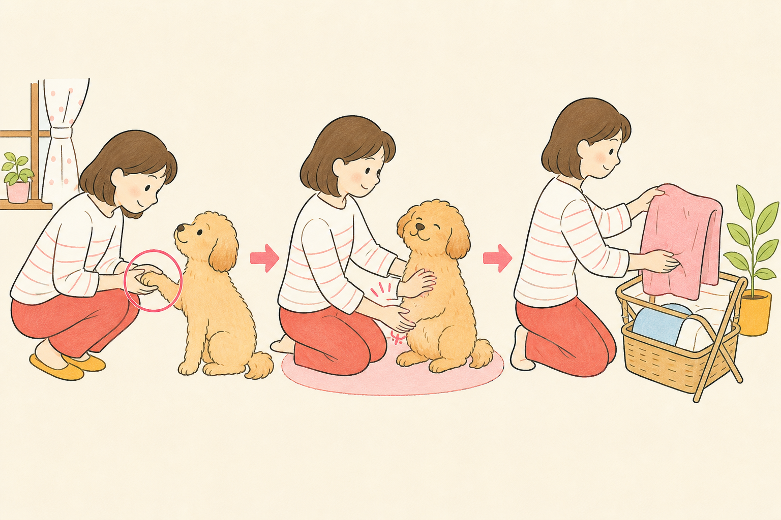 帰宅後に犬の足元と被毛を確認し、タオルを片づける流れを示した手描きイラスト