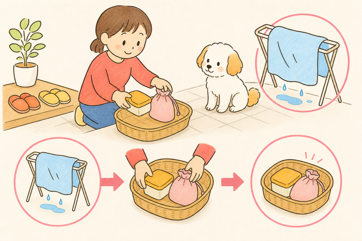 浅いかごに散歩用品を戻し、湿ったタオルだけを別に広げている手順のイラスト