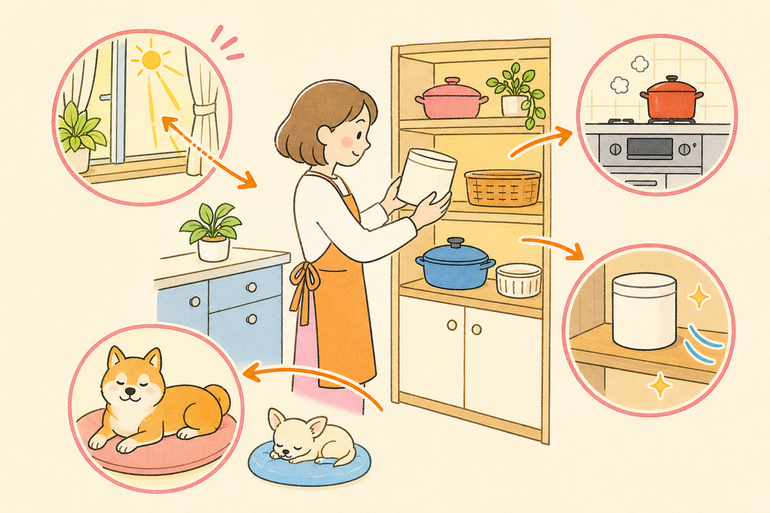 飼い主さんが犬のフード容器を持ち、日差しや棚の位置を確認している説明イラスト