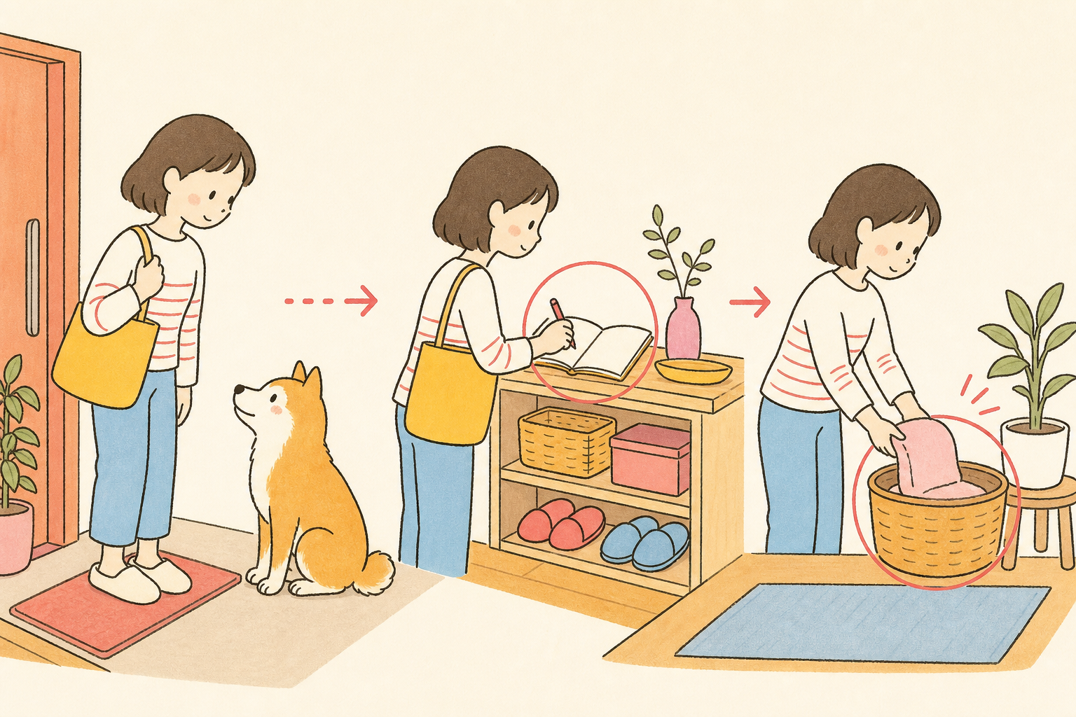 犬の様子を見てノートへ一言を残し、散歩後の小物を戻す飼い主のイラスト