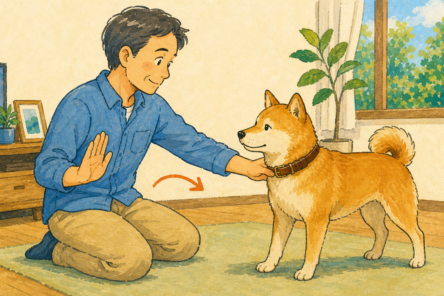革首輪を着けた犬の肩に飼い主が短く手を添え、すぐ離す動きを示すイラスト