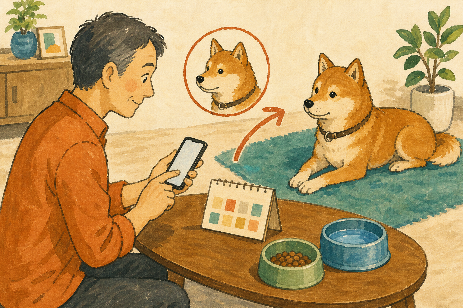 食器と水皿のそばでスマートフォンに犬の様子を記録する飼い主