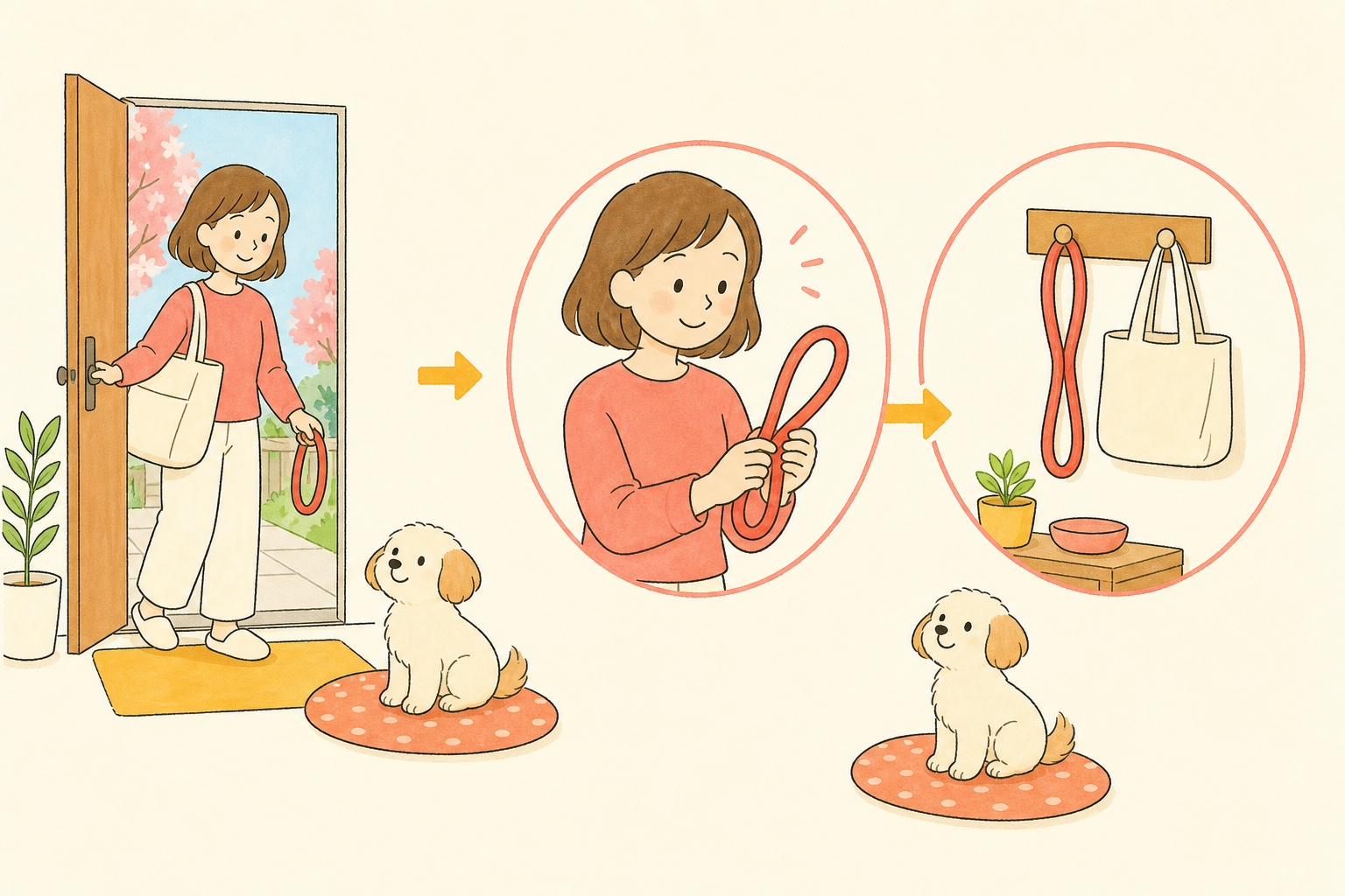 帰宅後に飼い主さんがリードの持ち手を確かめて定位置へ戻す手描きの説明イラスト