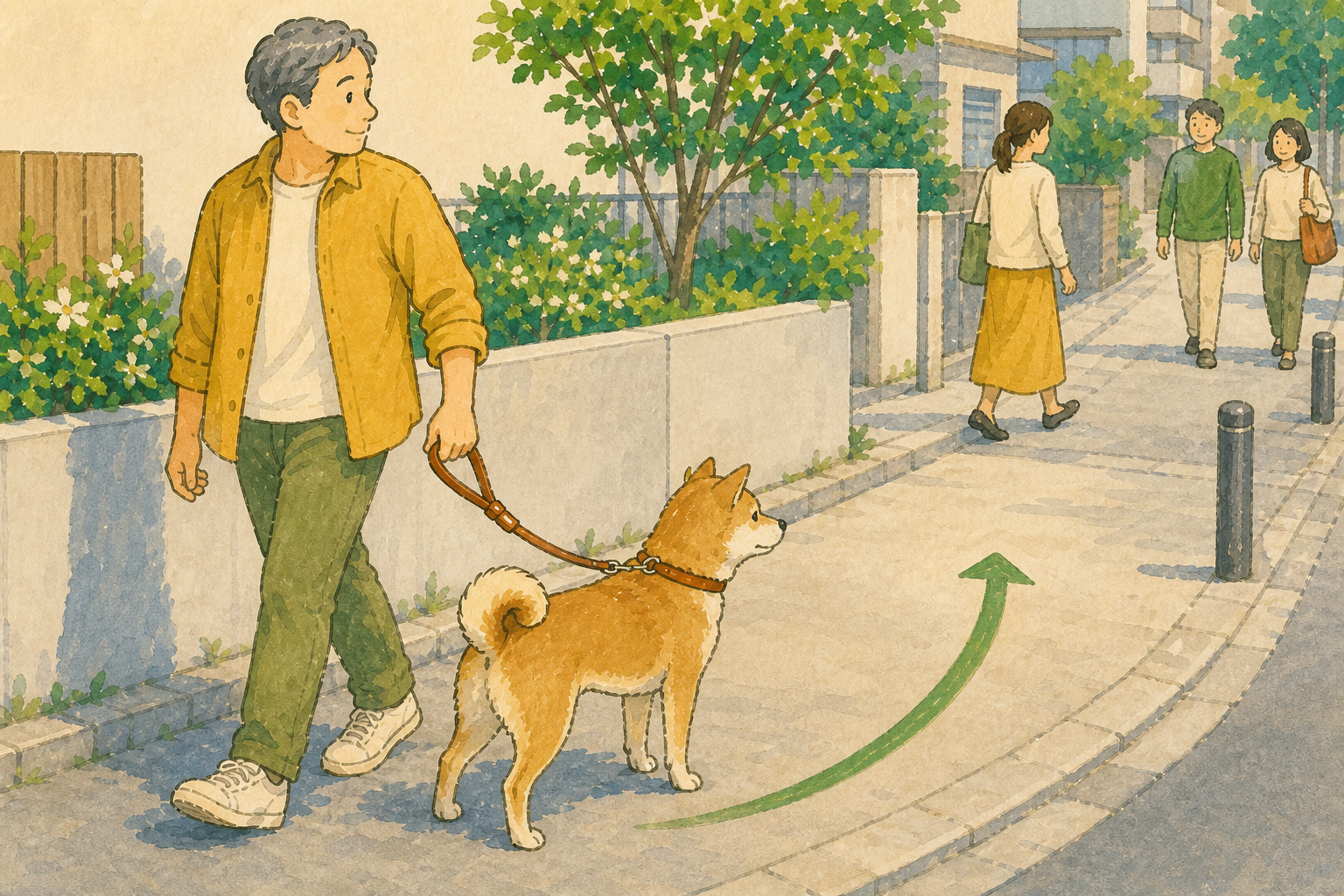犬が緊張したときに飼い主が人の流れから離れて距離を取る様子