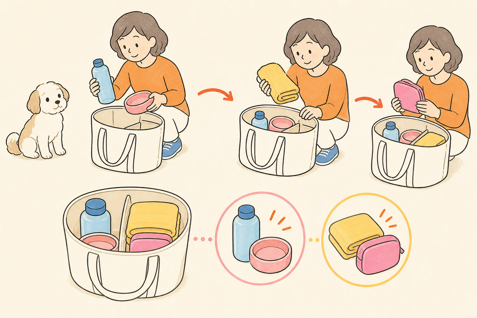 水筒、器、タオル、小袋を分けて散歩用バッグへ入れる準備の手描きイラスト