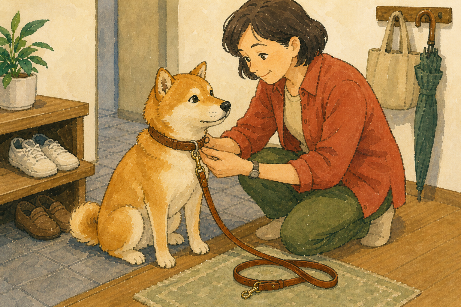 散歩後に犬の行動と革の首輪やリードを確認する飼い主