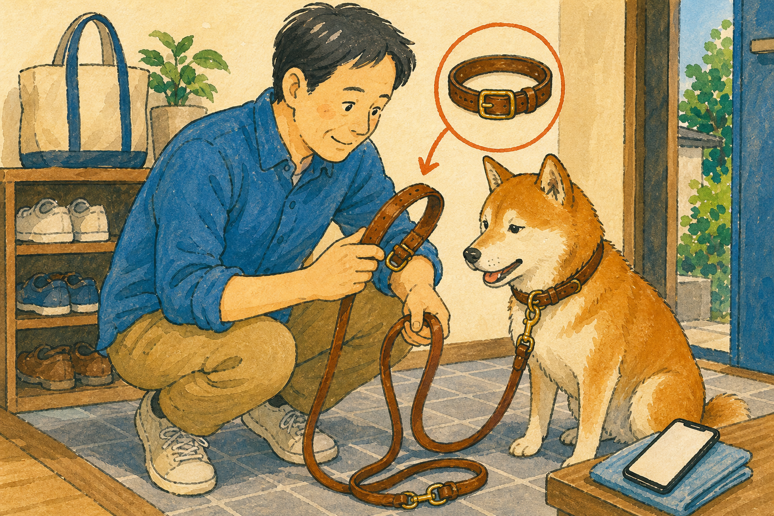 帰宅後に革首輪と革リードを確認し、散歩のメモを残す飼い主