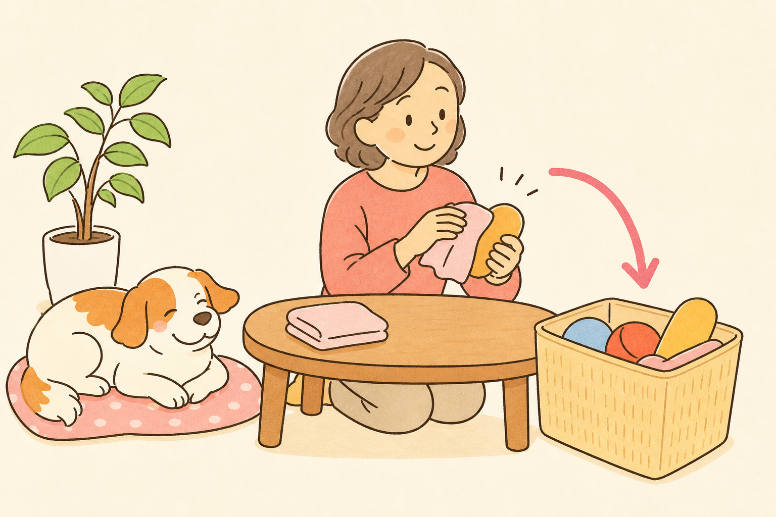 帰宅後に道具を布で拭いてかごへ戻し、犬はそばで休んでいる様子