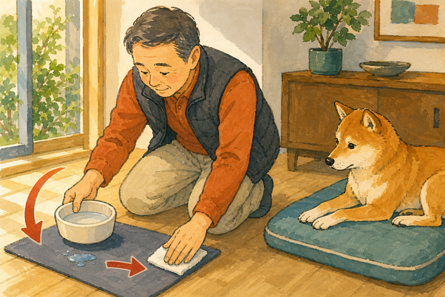 水飲み器を日陰へ少し動かし、犬の寝床からの動線を確認する飼い主