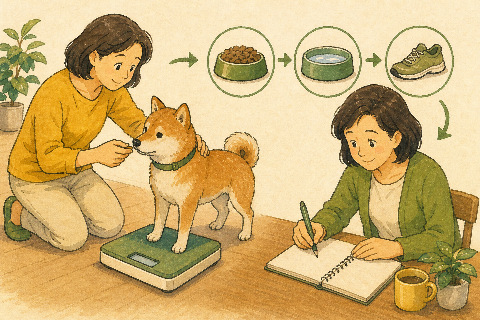 犬の体重測定後に飼い主が食事や元気の様子をノートへ記録するイラスト