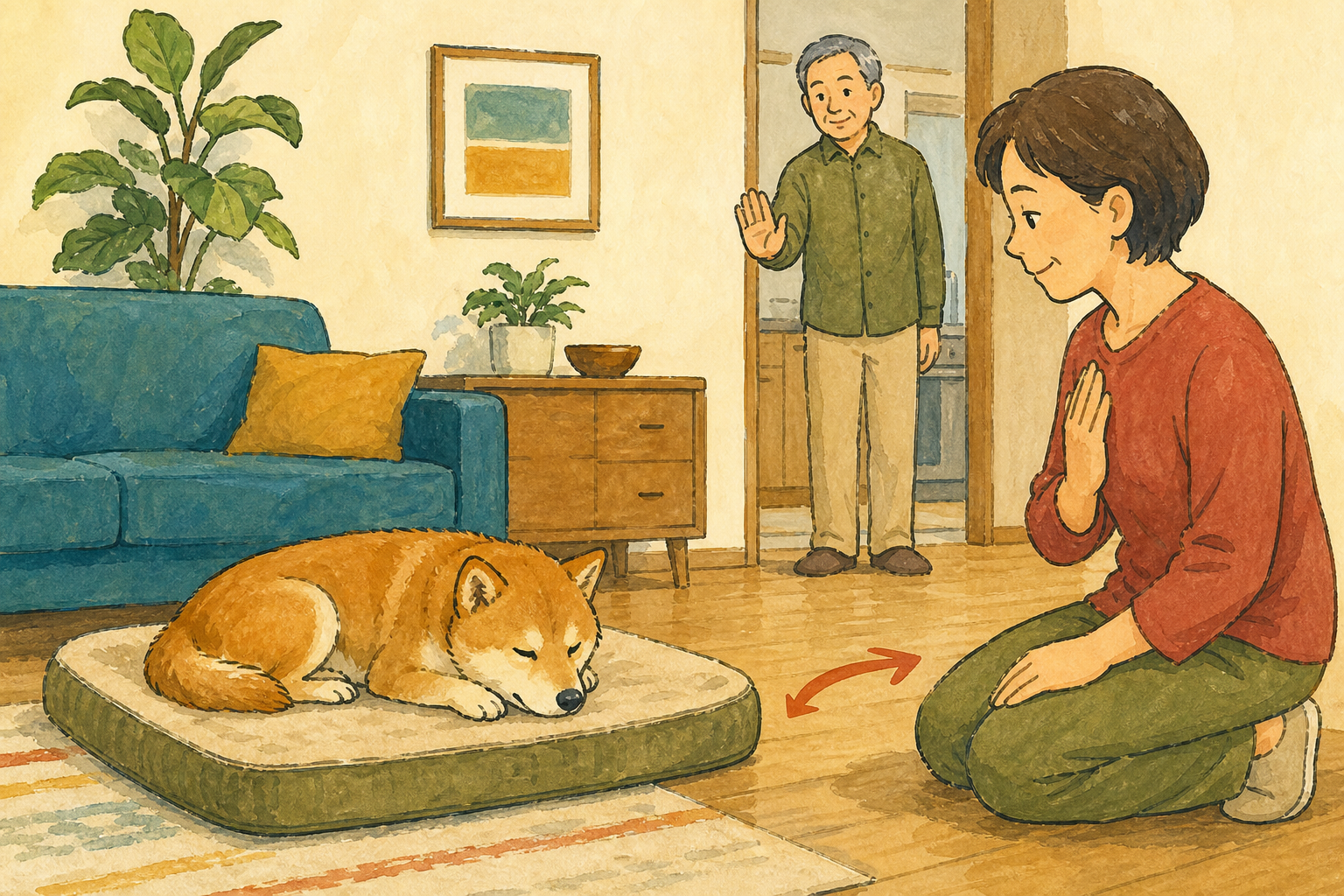 ベッドで休む犬を起こさず、少し離れて待つ飼い主と家族