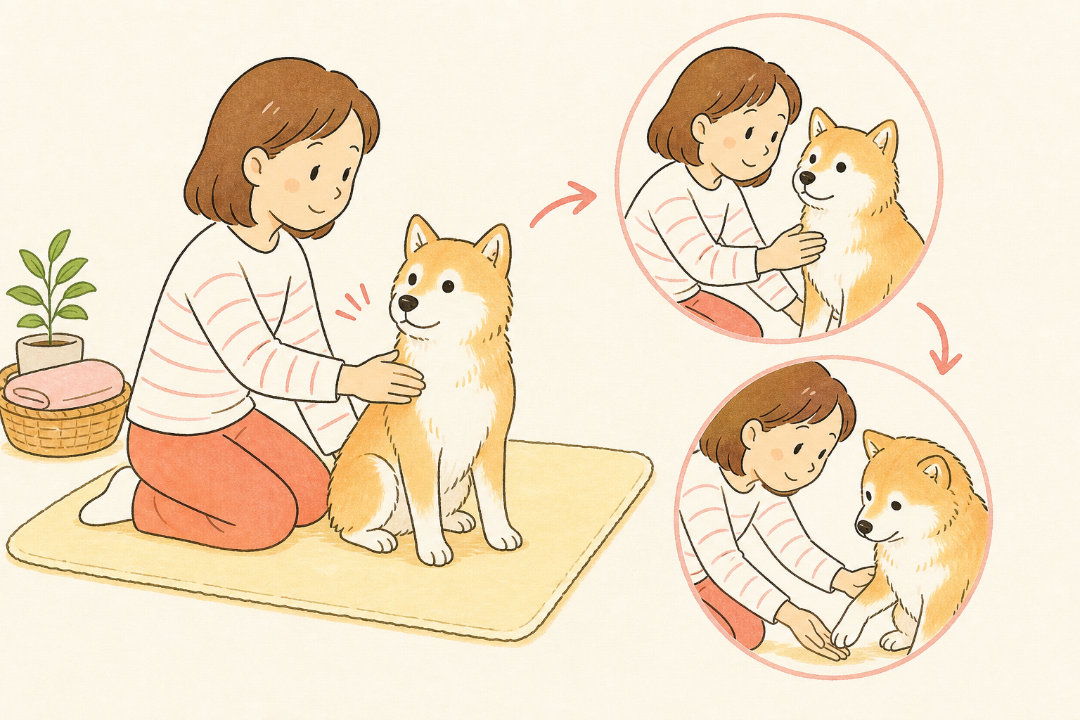 犬の肩に手を添えてから、前足の近くへもう一方の手をゆっくり近づける手順のイラスト