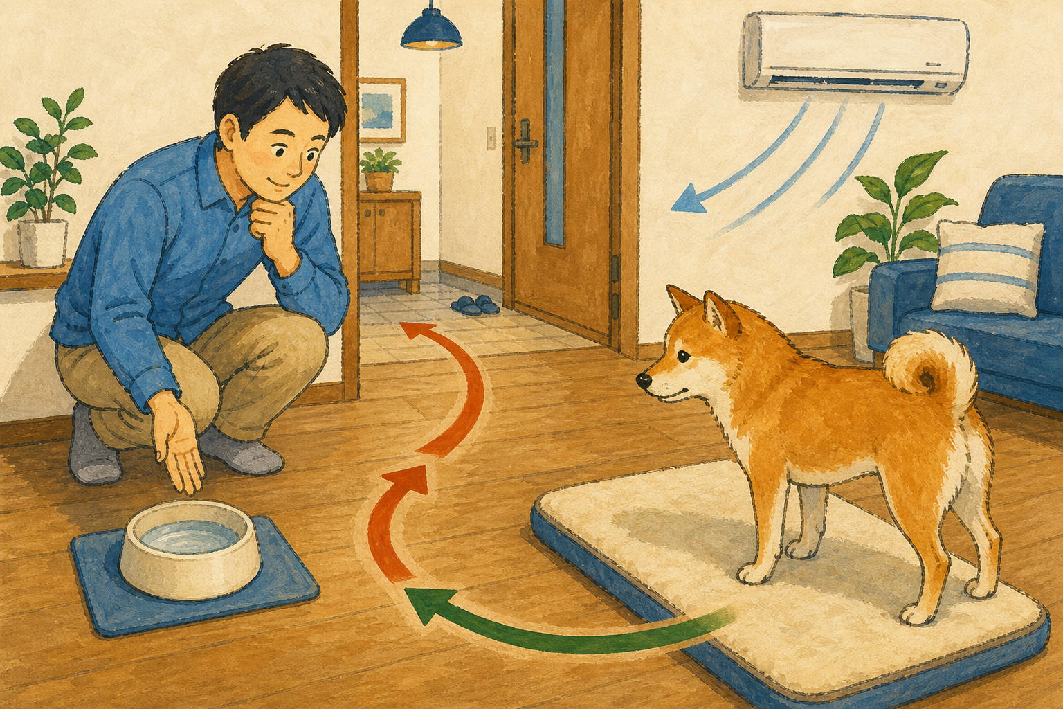 犬の寝床から水飲み場までの動線を確認する飼い主