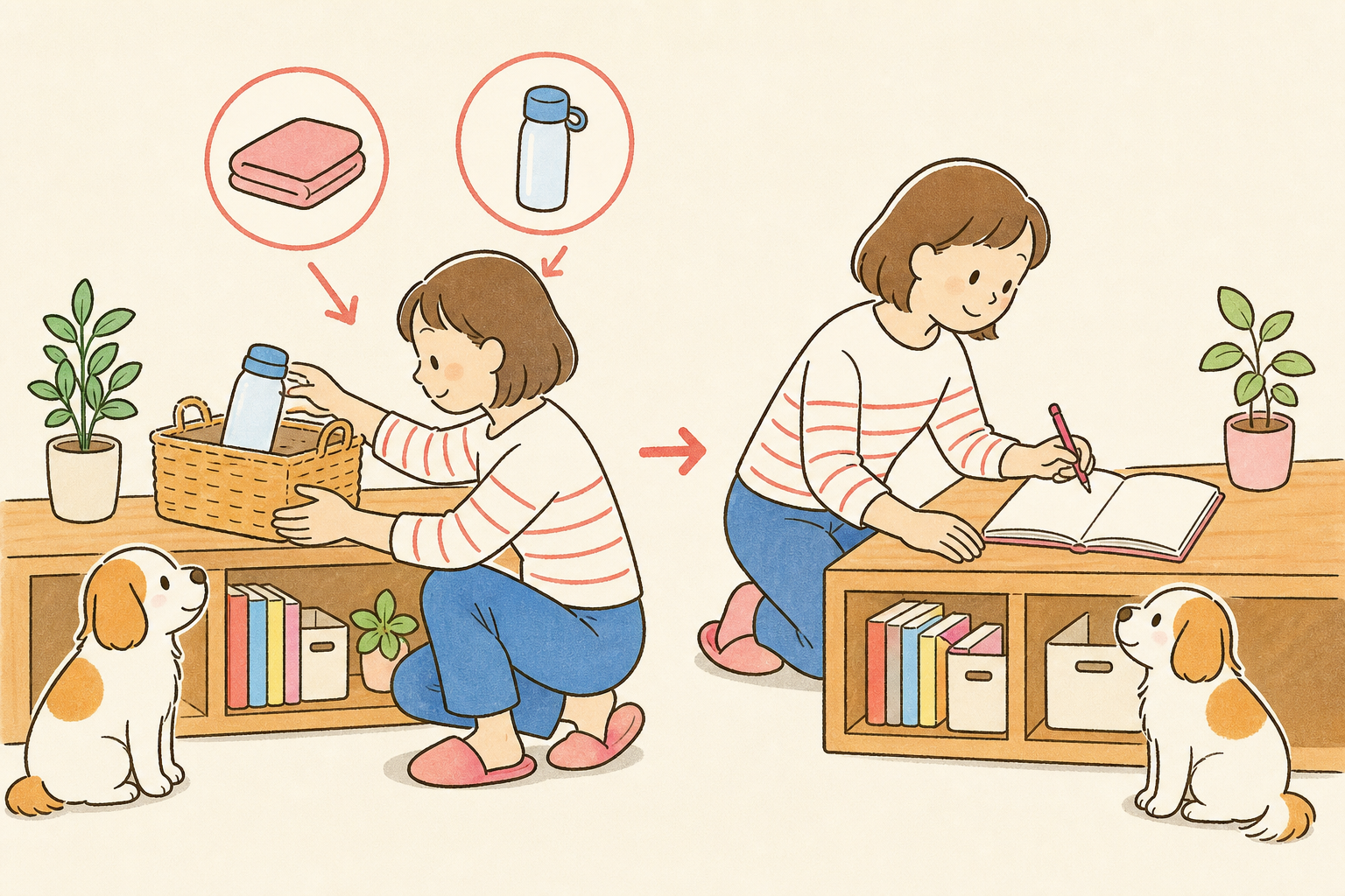 散歩用品をかごへ戻し、そばのメモ帳へ記録を残す飼い主と犬の説明イラスト