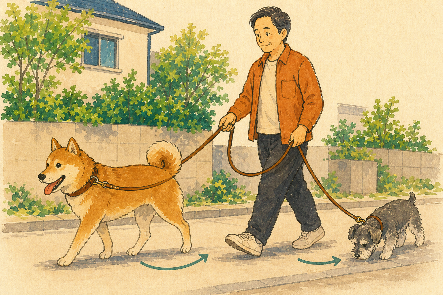 2本の革リードに余裕を持たせ、歩く速さの違う2頭の犬を連れる飼い主