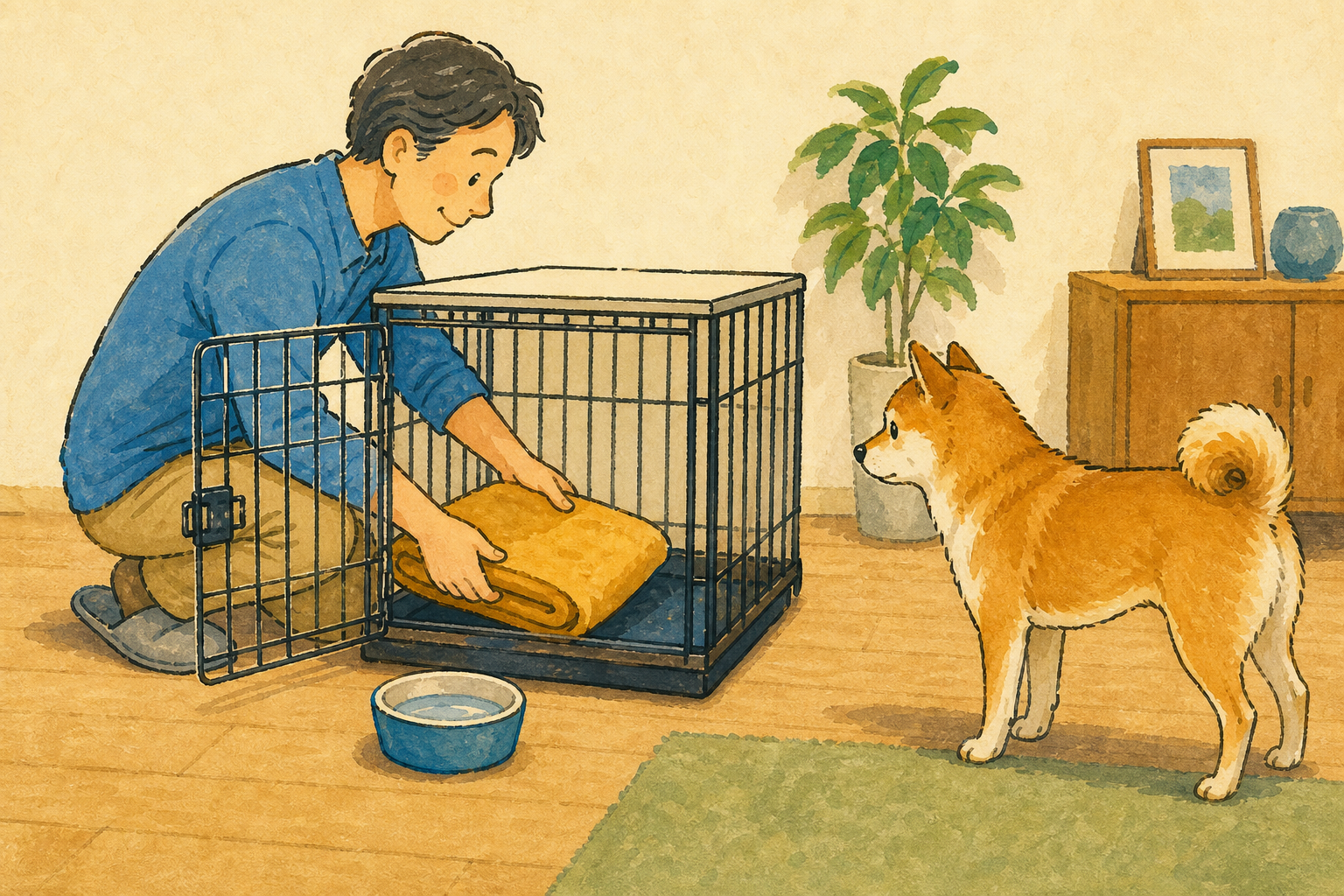 開いたクレートに敷物を入れ、犬が自分から近づける距離を保つ飼い主