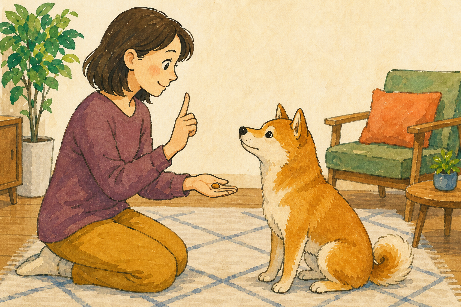 犬が飼い主を見てから一度の手の合図に応じ報酬を受け取る室内練習