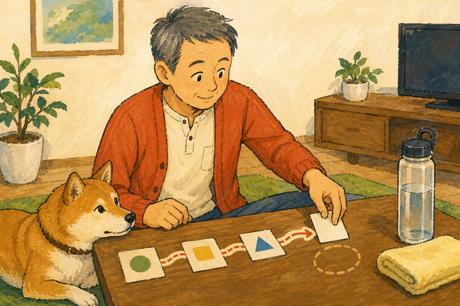 予定を一つ減らし、休憩用の水筒とタオルを準備する飼い主と犬