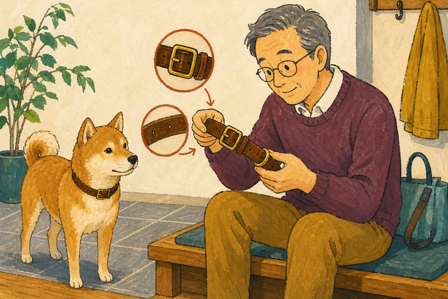 飼い主が外した革首輪の真鍮バックルと金具の根元を手で確認しているイラスト