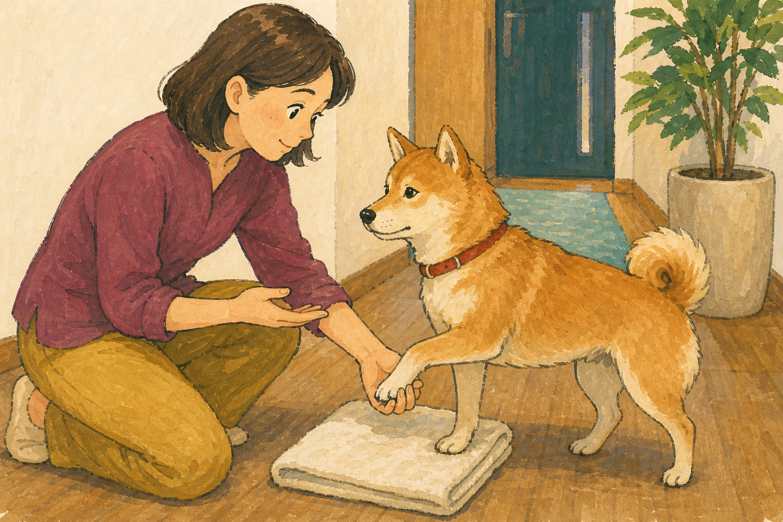 飼い主が犬の前足を短く支え、タオルのそばで肉球を確認しているイラスト